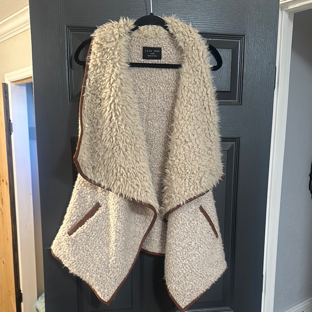 Love Tree Cream Sherpa Vest with Brown Trim